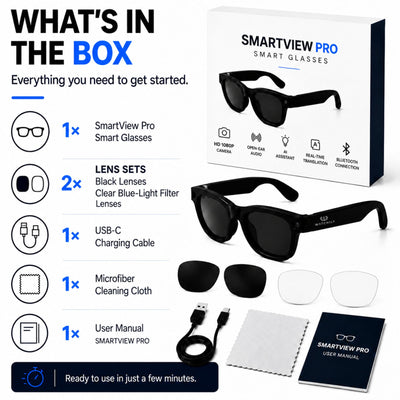 AI Smart Glasses with 1080P HD Camera – SmartView Pro – Includes Black Sunglasses & Blue Light Blocking Lenses
